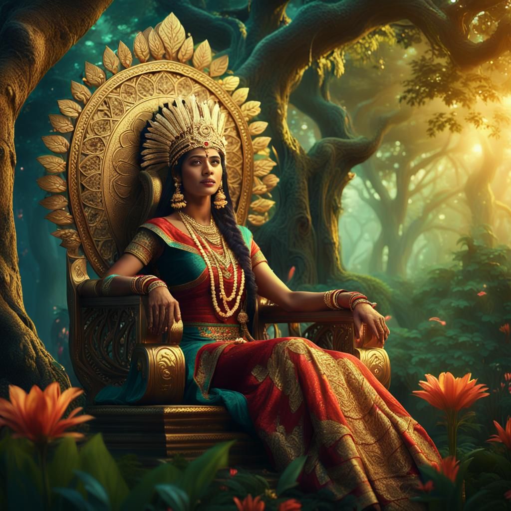 Majestic Indian Queen in Mystical Forest, Detailed Matte Pai...