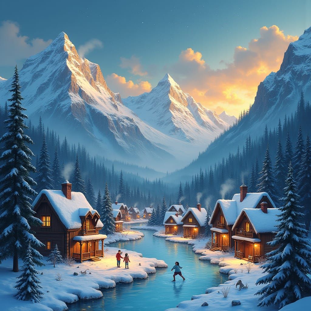 Snowy Mountain Village at Sunset