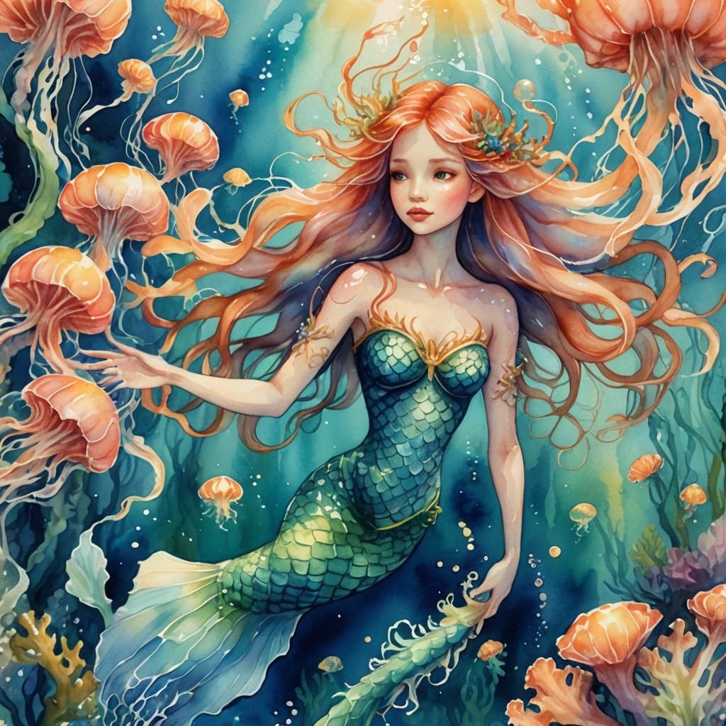 Dreamy Watercolor Underwater Scene with Mermaid and Sea Drag...