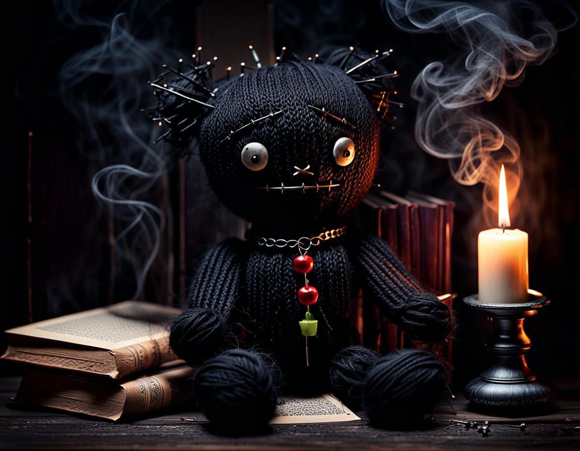 Creepy Voodoo Doll with Candles and Aged Books
