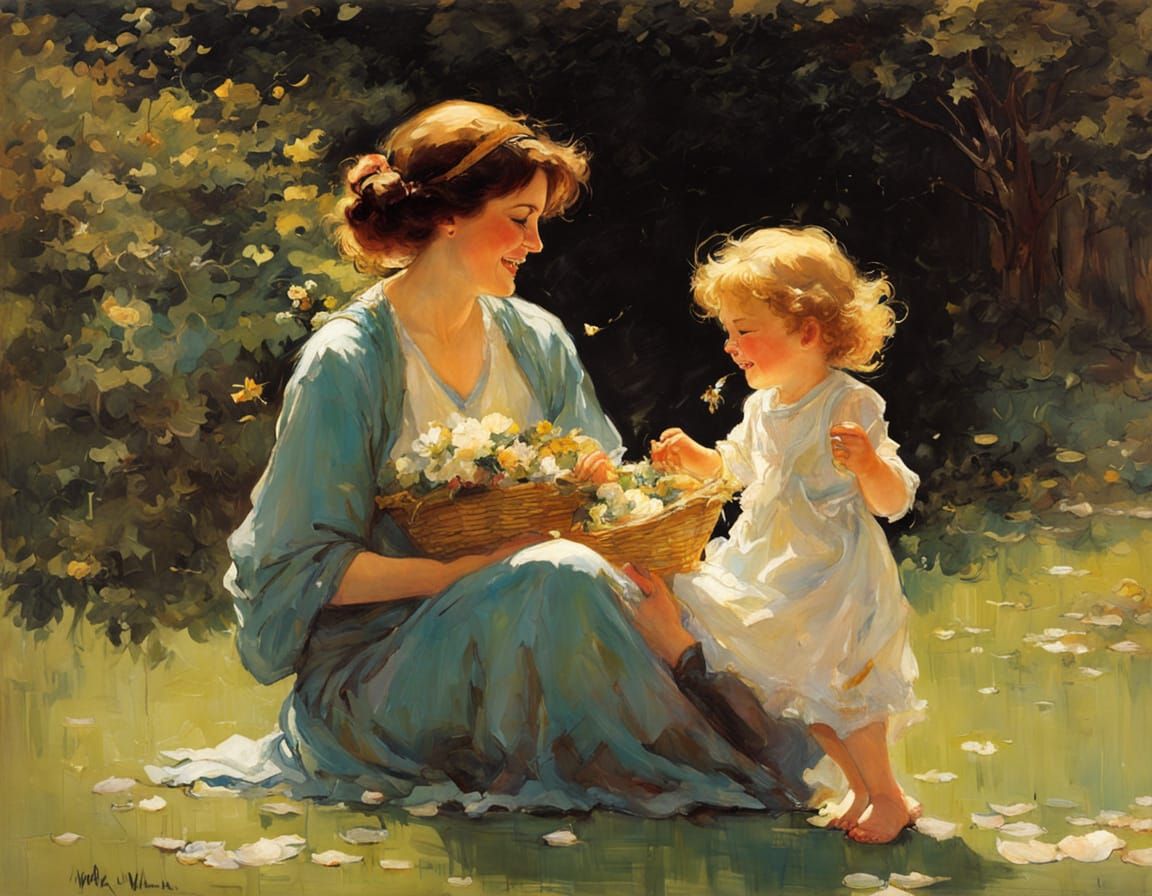 Mother and Child Share Joyful Moment in Impressionist Style