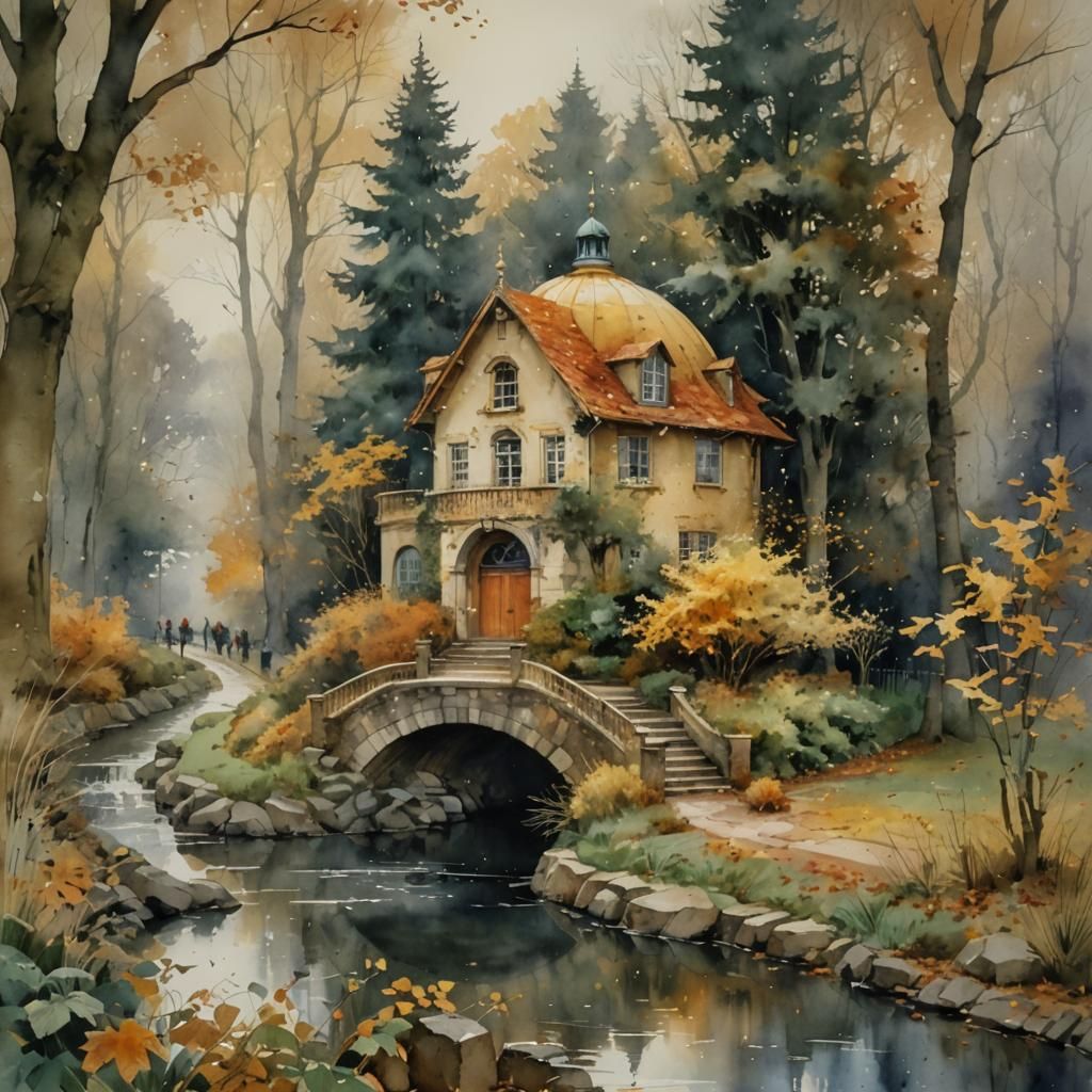 Autumn Park Cafe Rotunda in Watercolor Style