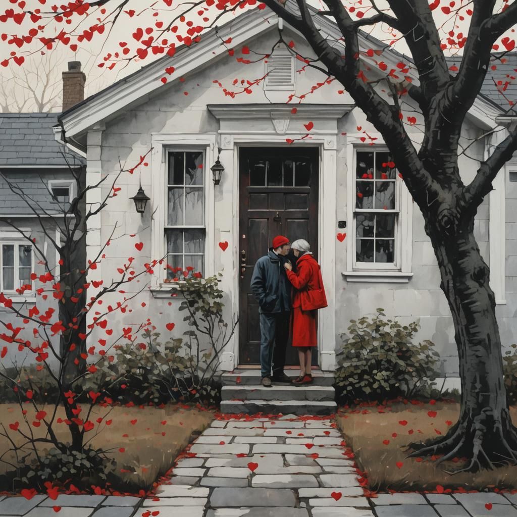 Cozy Danish Couple in Red Ink Painting