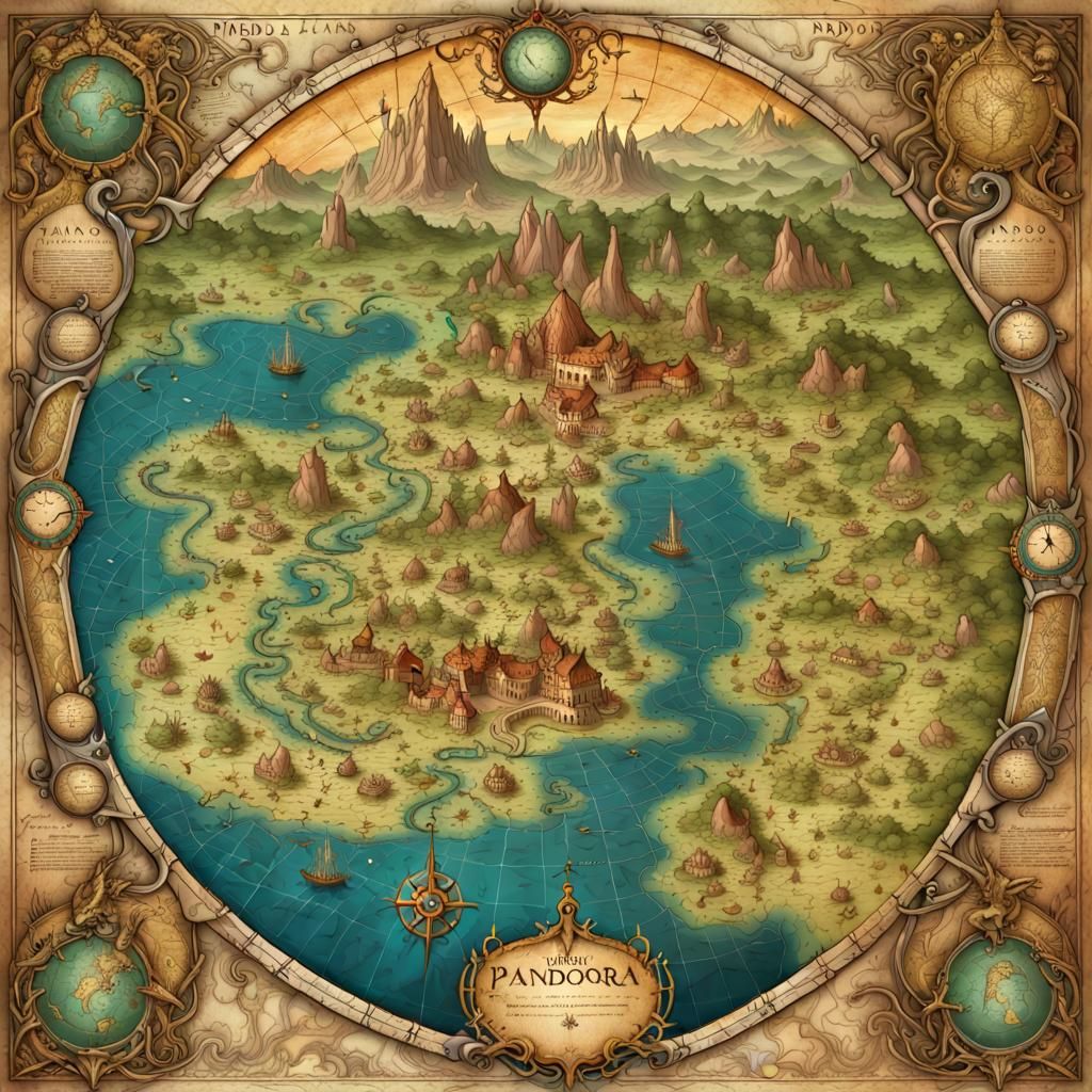 Antique Map of Pandora in Art Nouveau Style