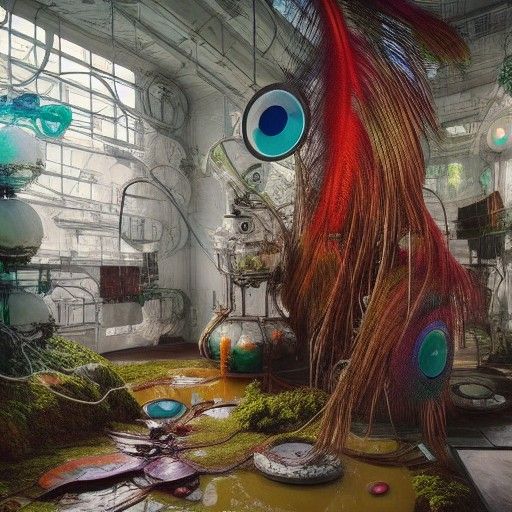 Avant-Garde Art Installation with Refrigerator and Peacock F...