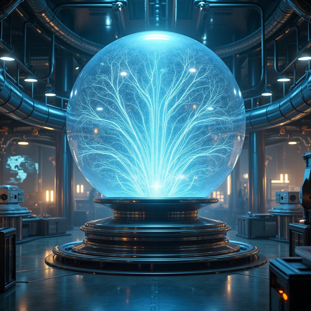 Holographic Sphere Above Futuristic Machinery, Cyberpunk Sty...