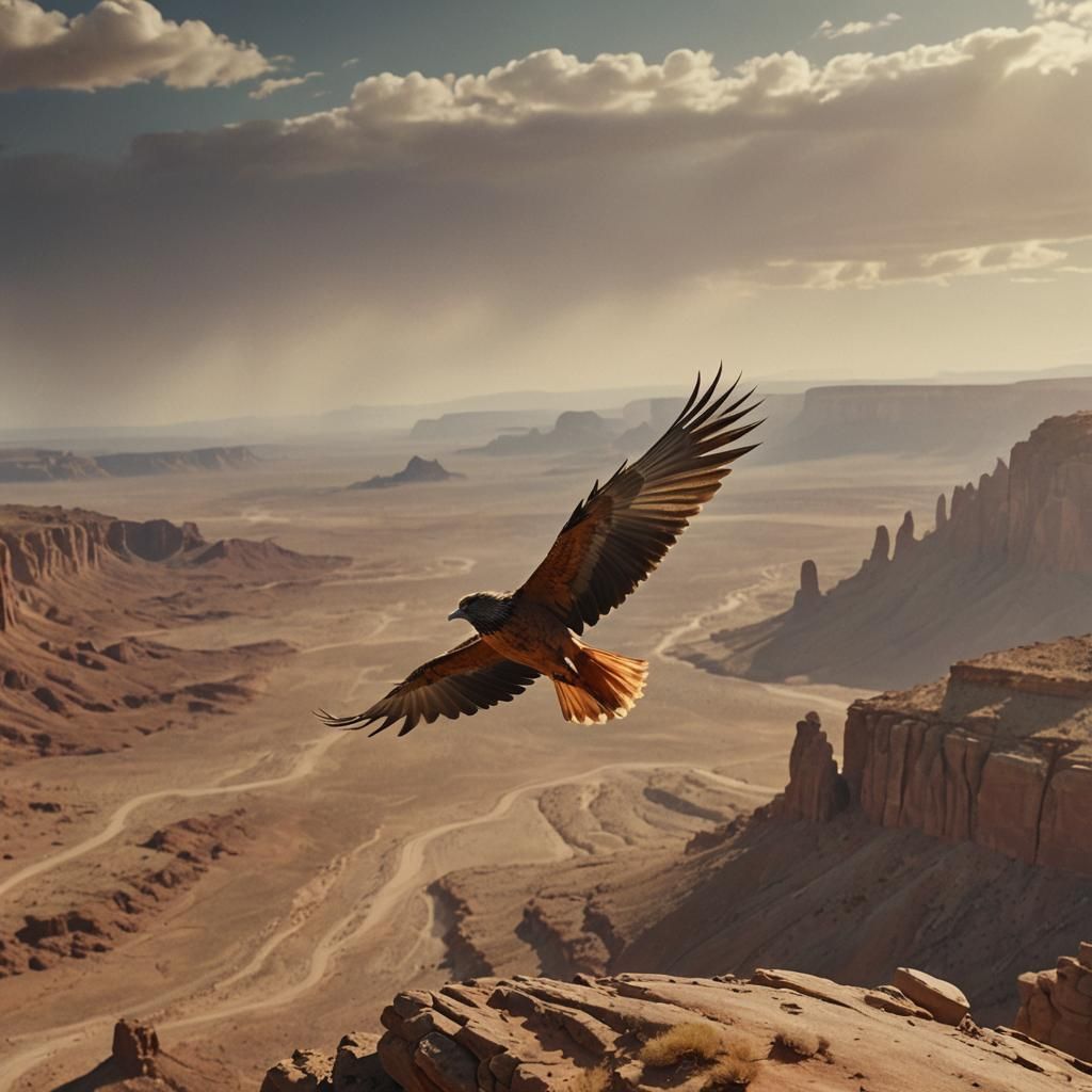 Bird Soaring Over Desert Landscape in Cinematic Style