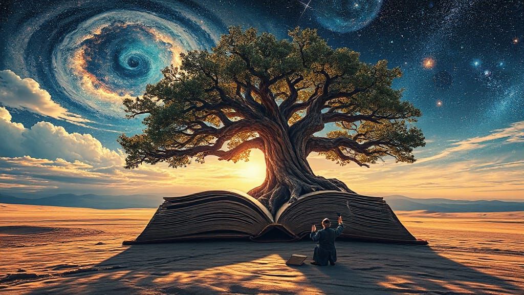 Ancient Tree of Knowledge Grows from Book Under Cosmic Sky