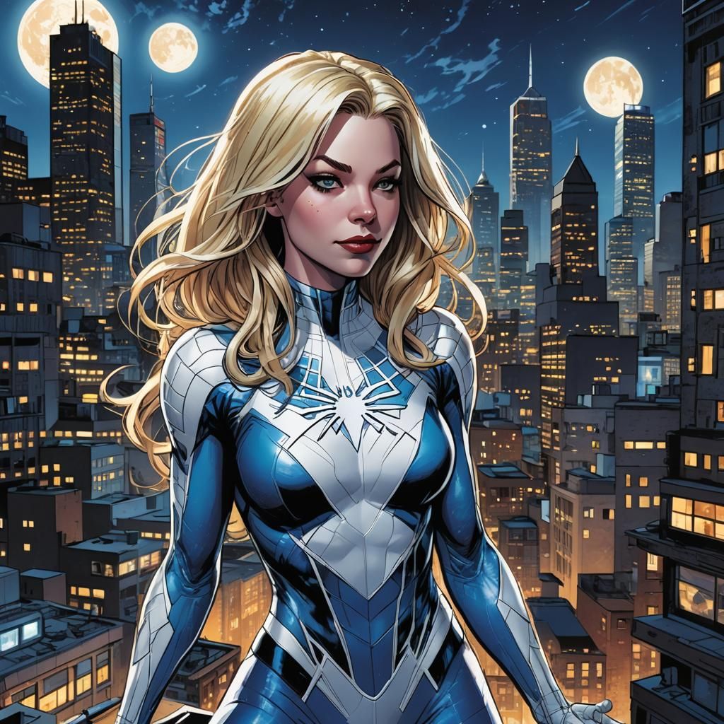 Spider-Woman on Rooftop at Night in Comic Book Art