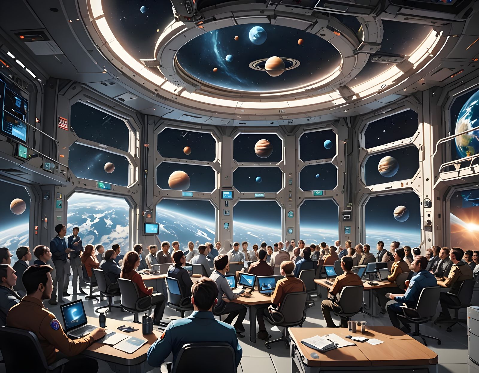 Corporate Space Station Town Hall Meeting with Panoramic Pla...