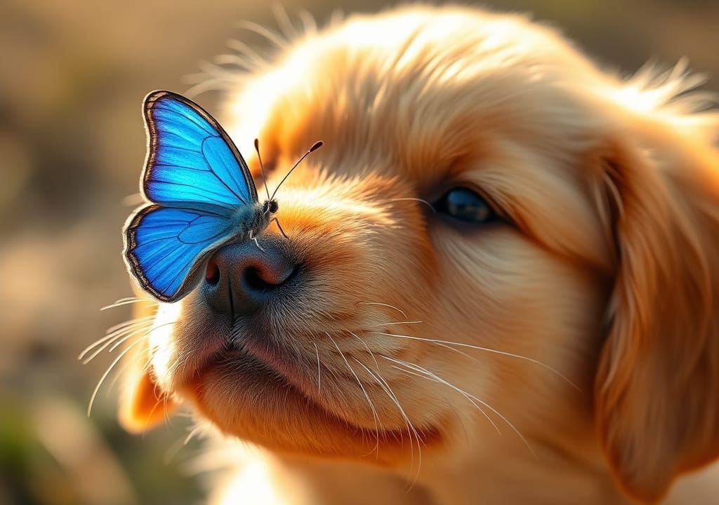 Golden Puppy's Surprise: Butterfly Landing