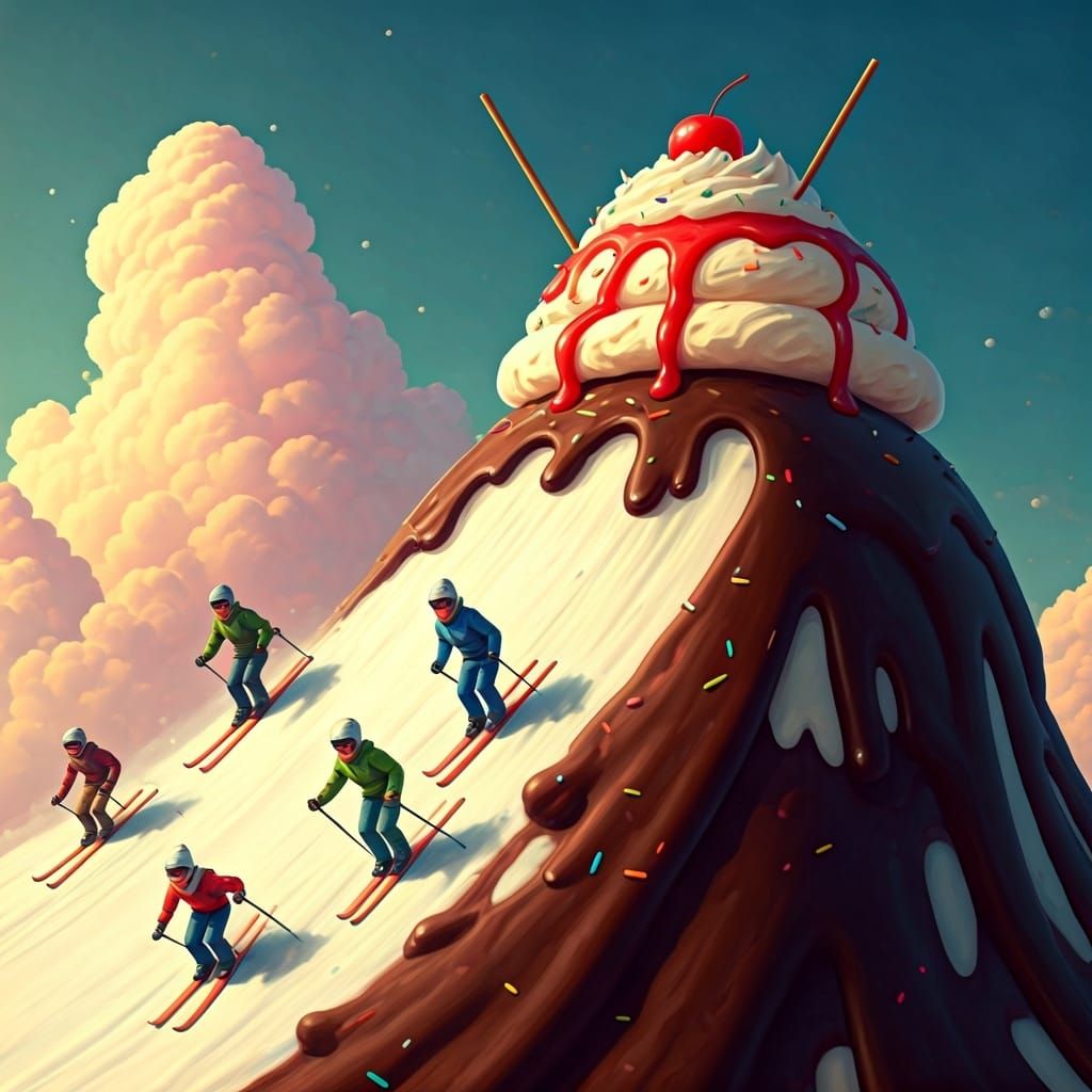Skiers on Colossal Sundae Mountain in Hyperrealistic Style