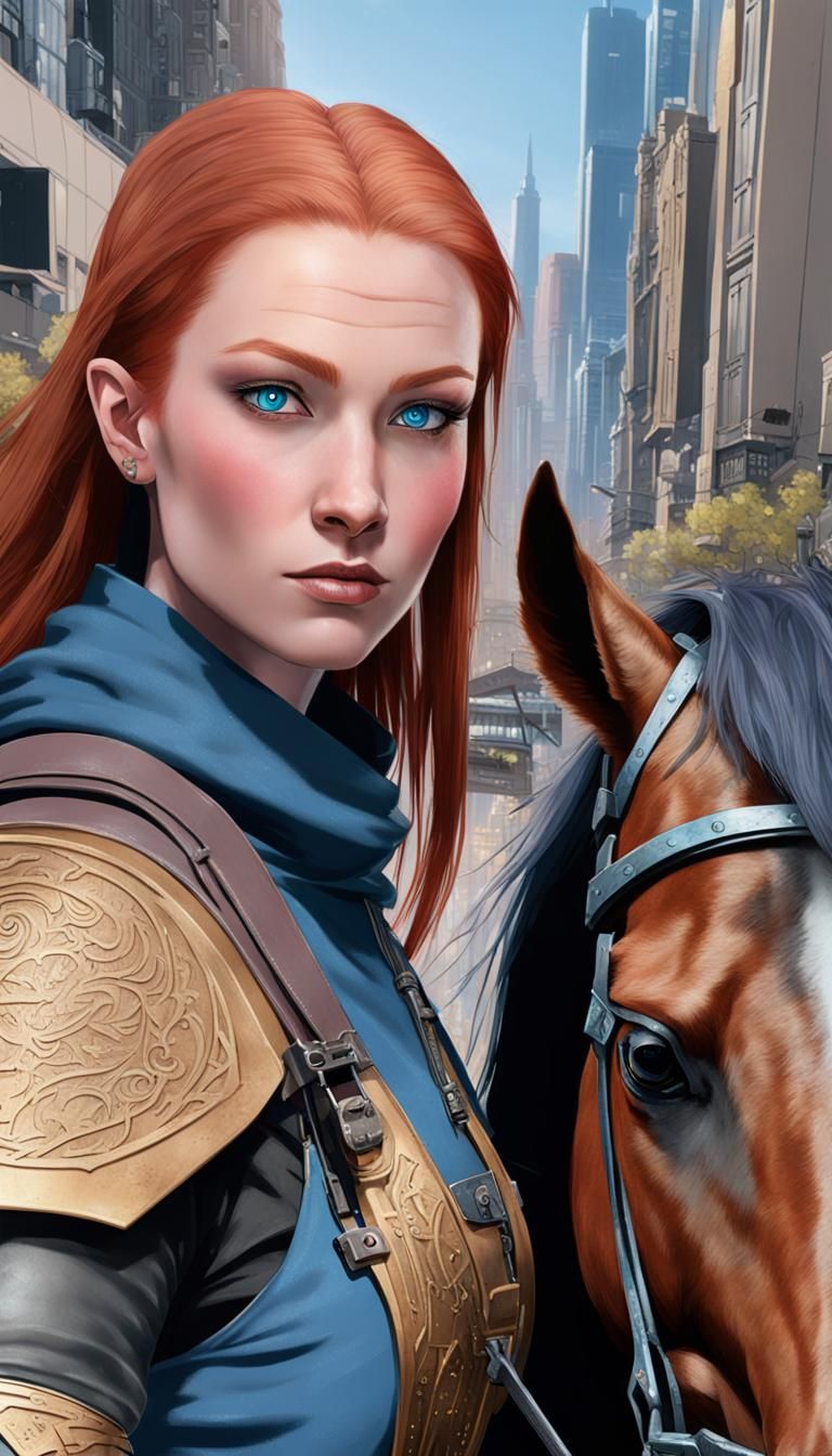 Elven Ranger in Cyberpunk Cityscape on Steed