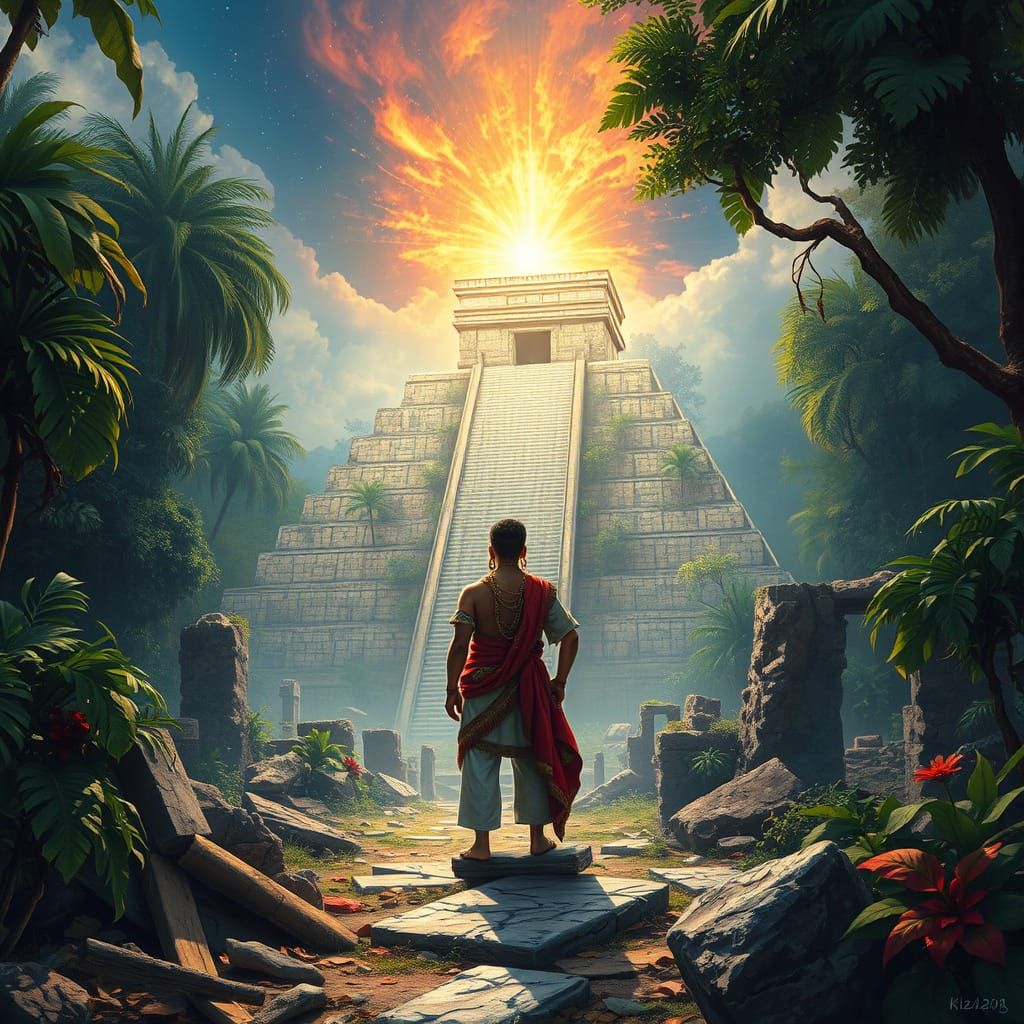 Aztec Descendant Among Ruins: Dreamlike Astral Art