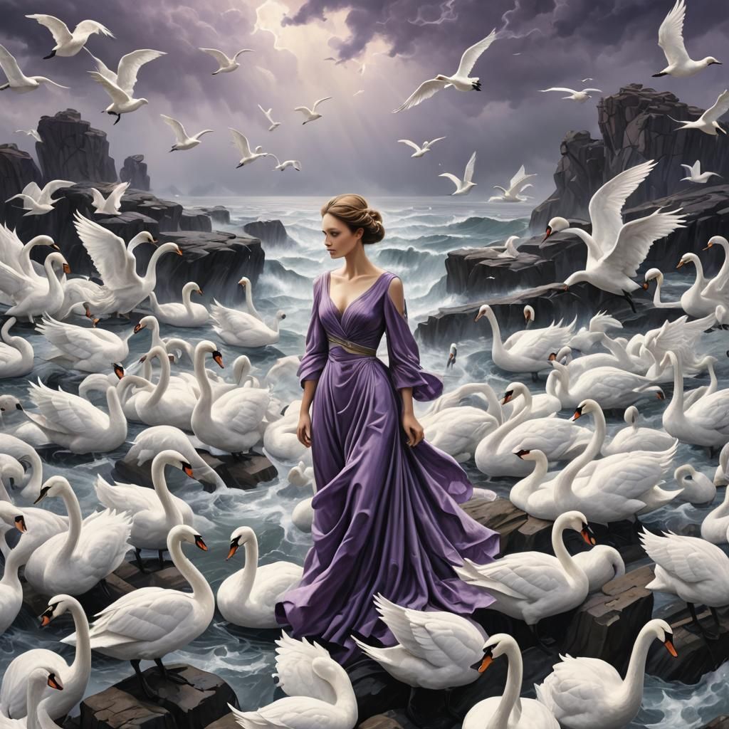 Woman with Swans in Stormy Sea, Fantasy Art