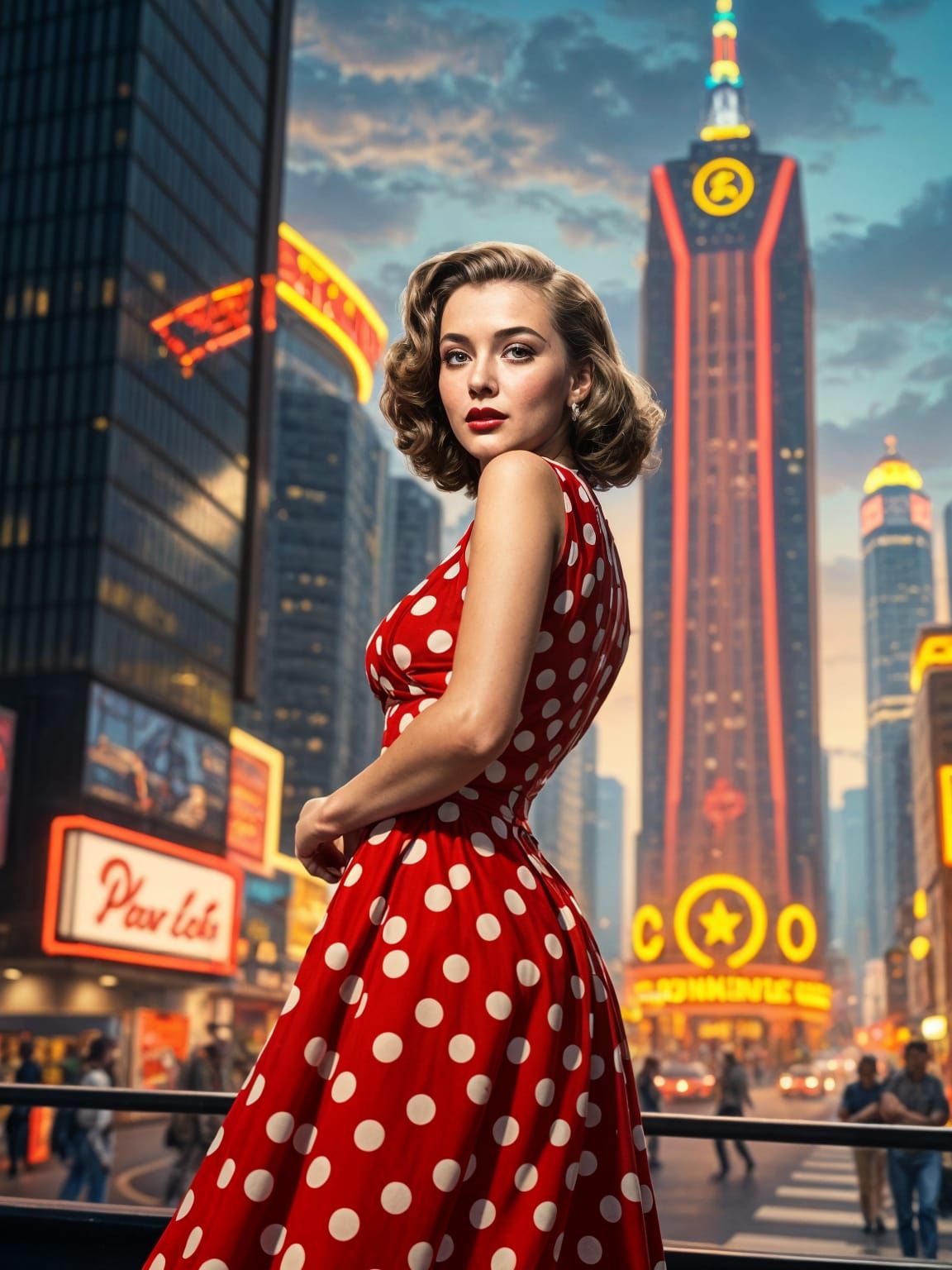 Retro Pin-Up Girl in Futuristic Cityscape