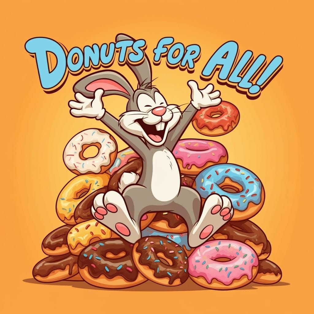 Joyful Rabbit and Giant Donuts in Comic Style