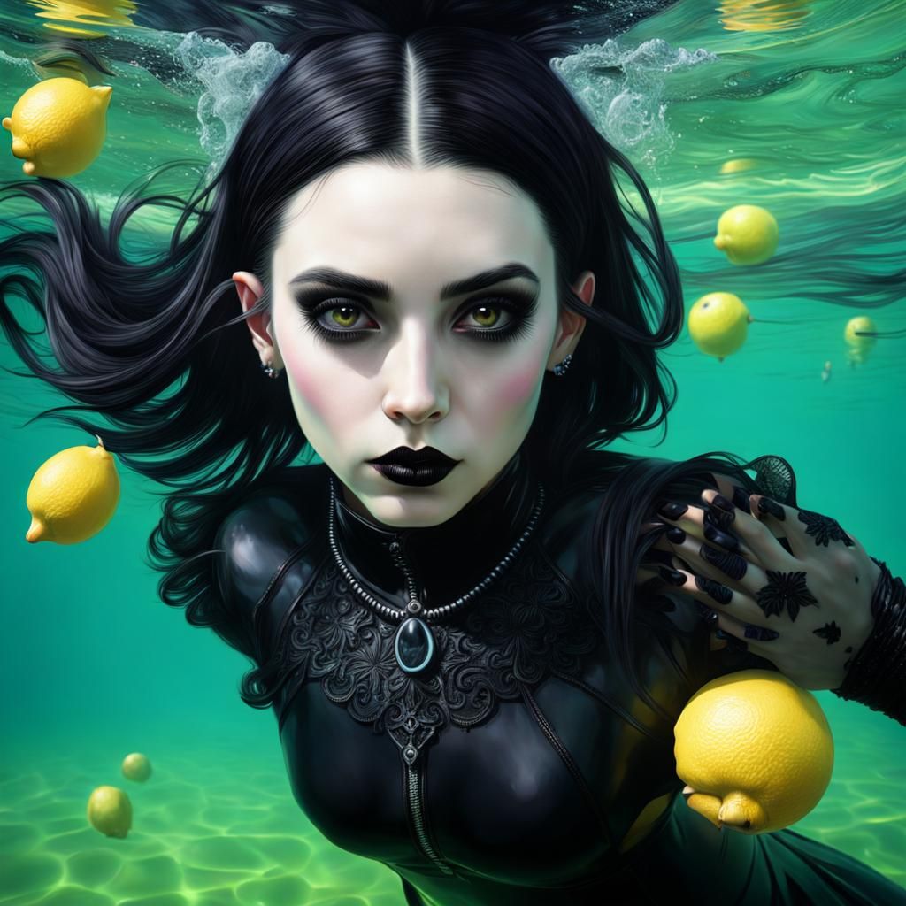 Goth Woman Swimming in Lemonade: Photorealistic Image