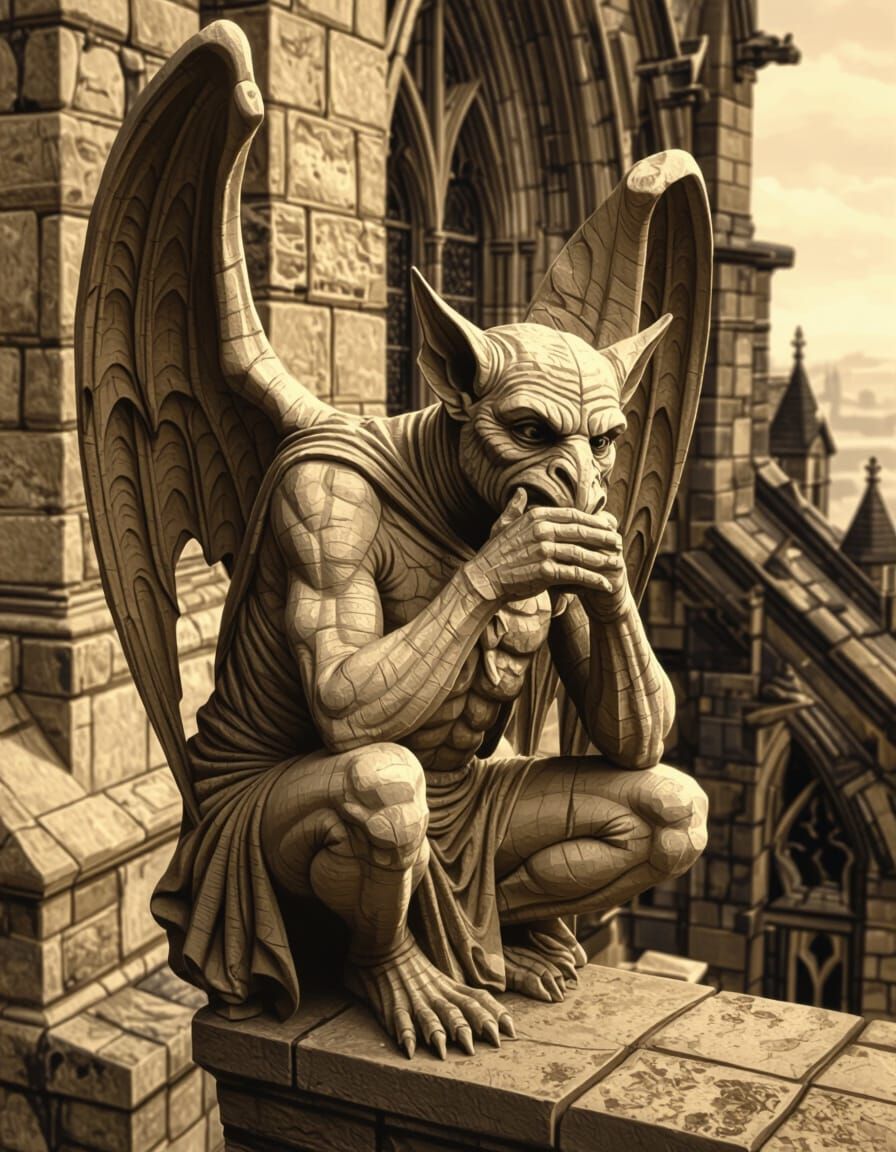 Gothic Gargoyle Overlooks Village in Tempera Style