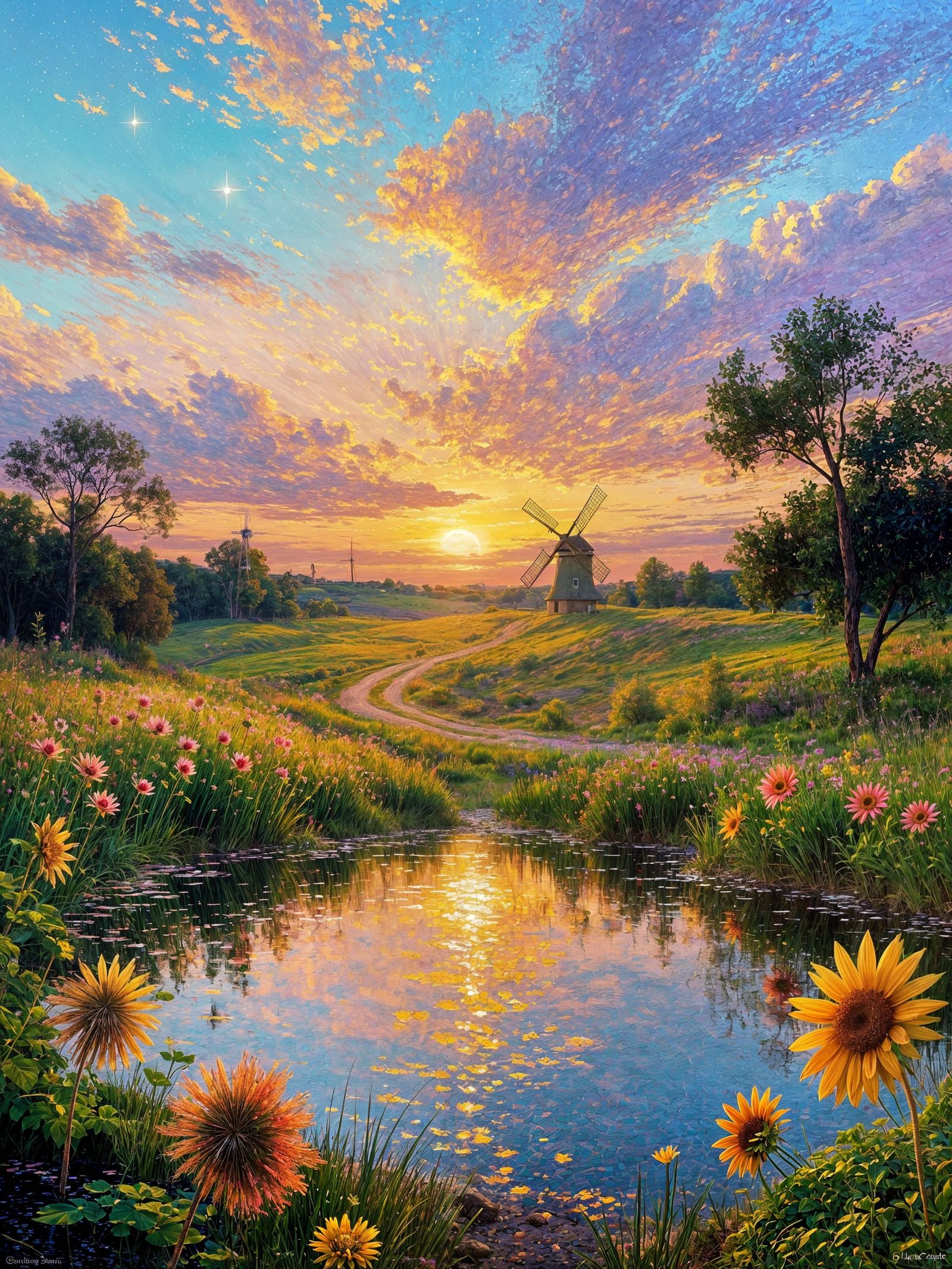 Dreamy Sunset Landscape with Winding Path and Windmill