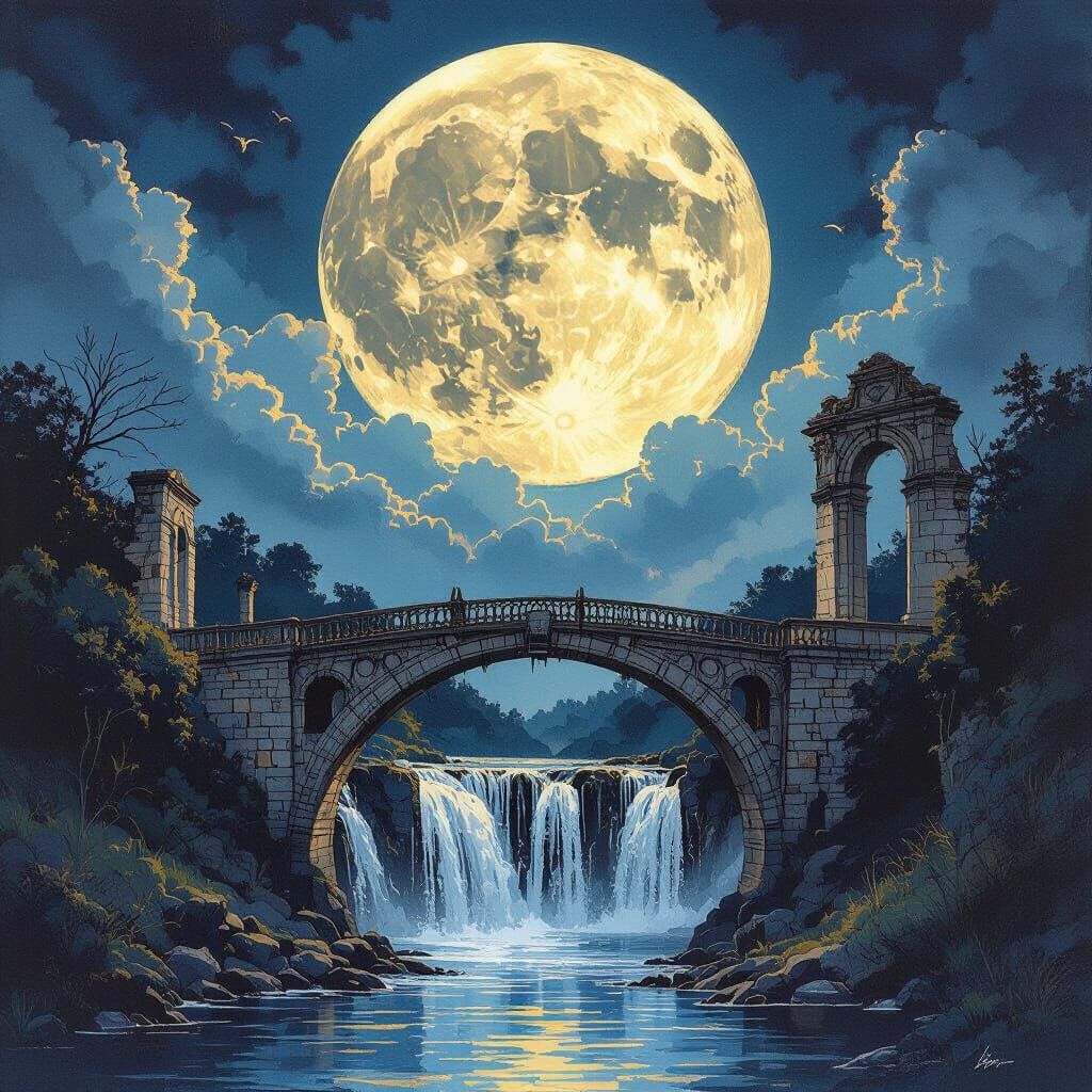 Detailed Full Moon Over Waterfall Bridge Sketch