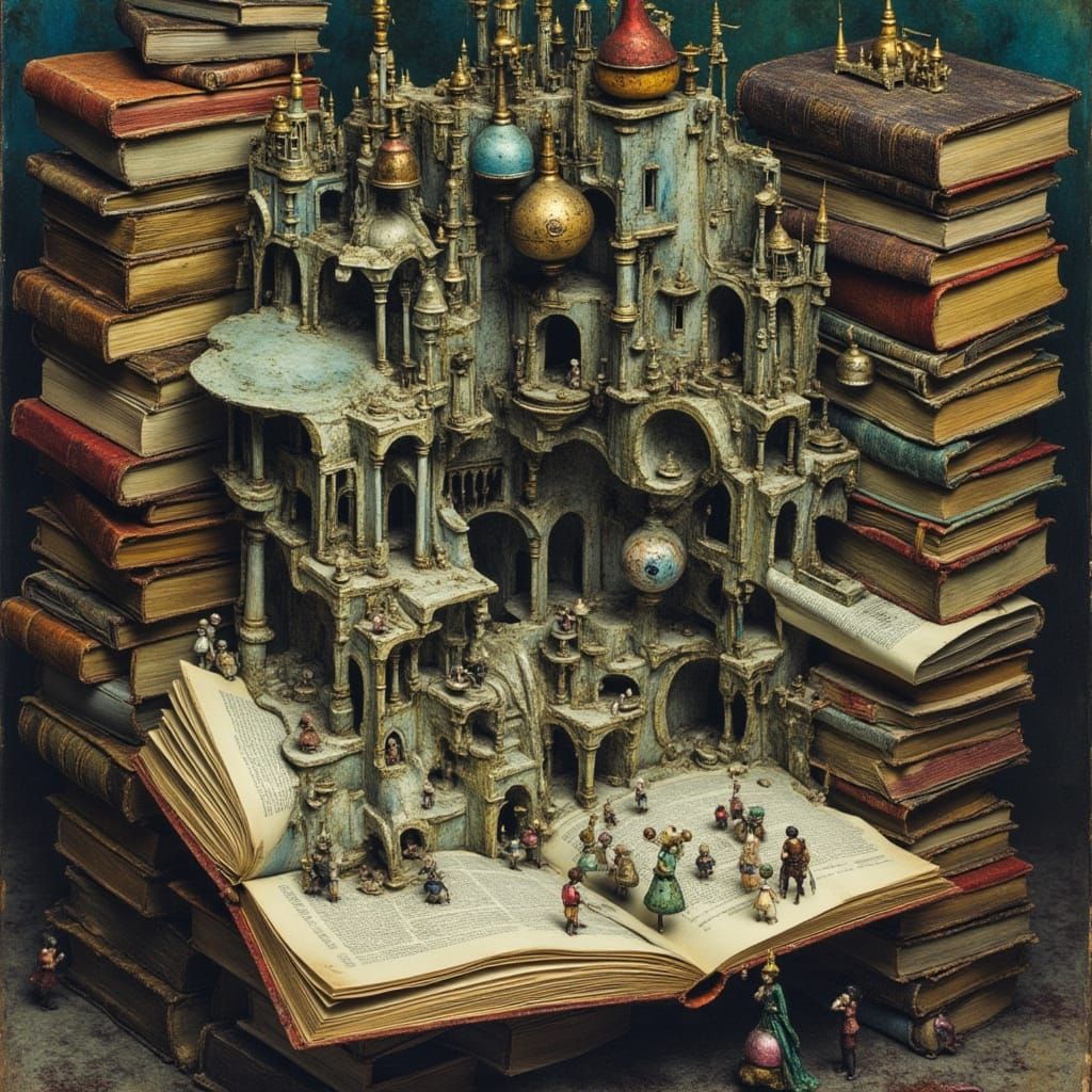 Surreal Miniature City Built on Stack of Books