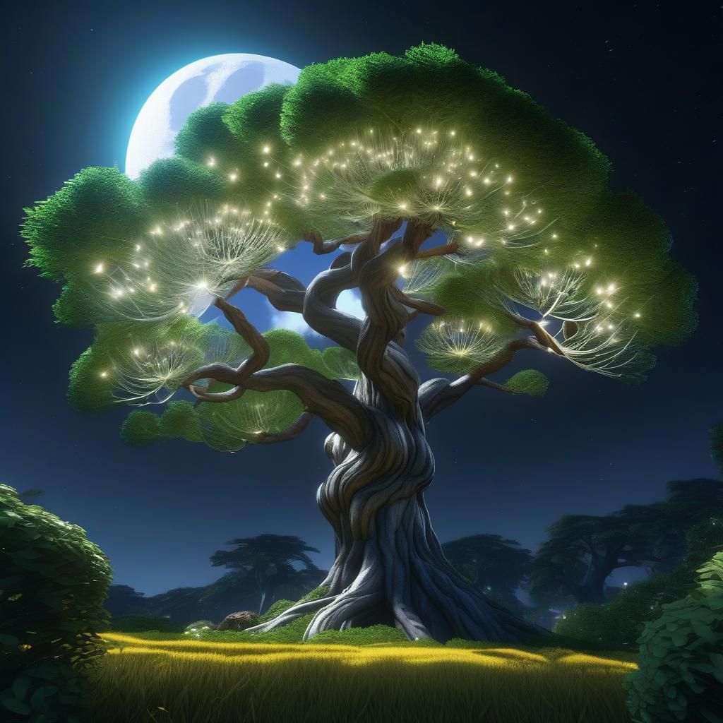 Giant Translucent Tree Holding Dandelion: 3D Anime Art