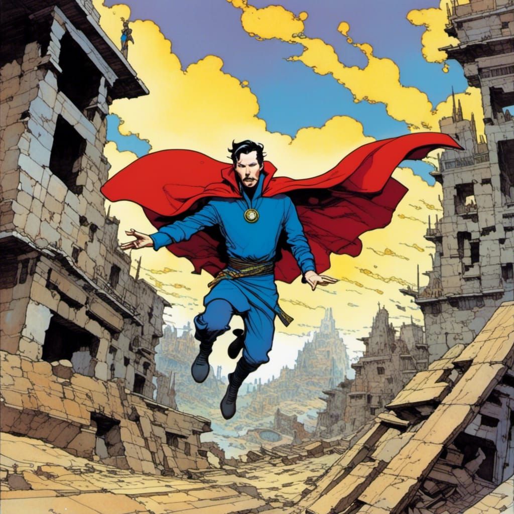 Doctor Strange Flies Through Ruined Lands in Ligne Claire St...
