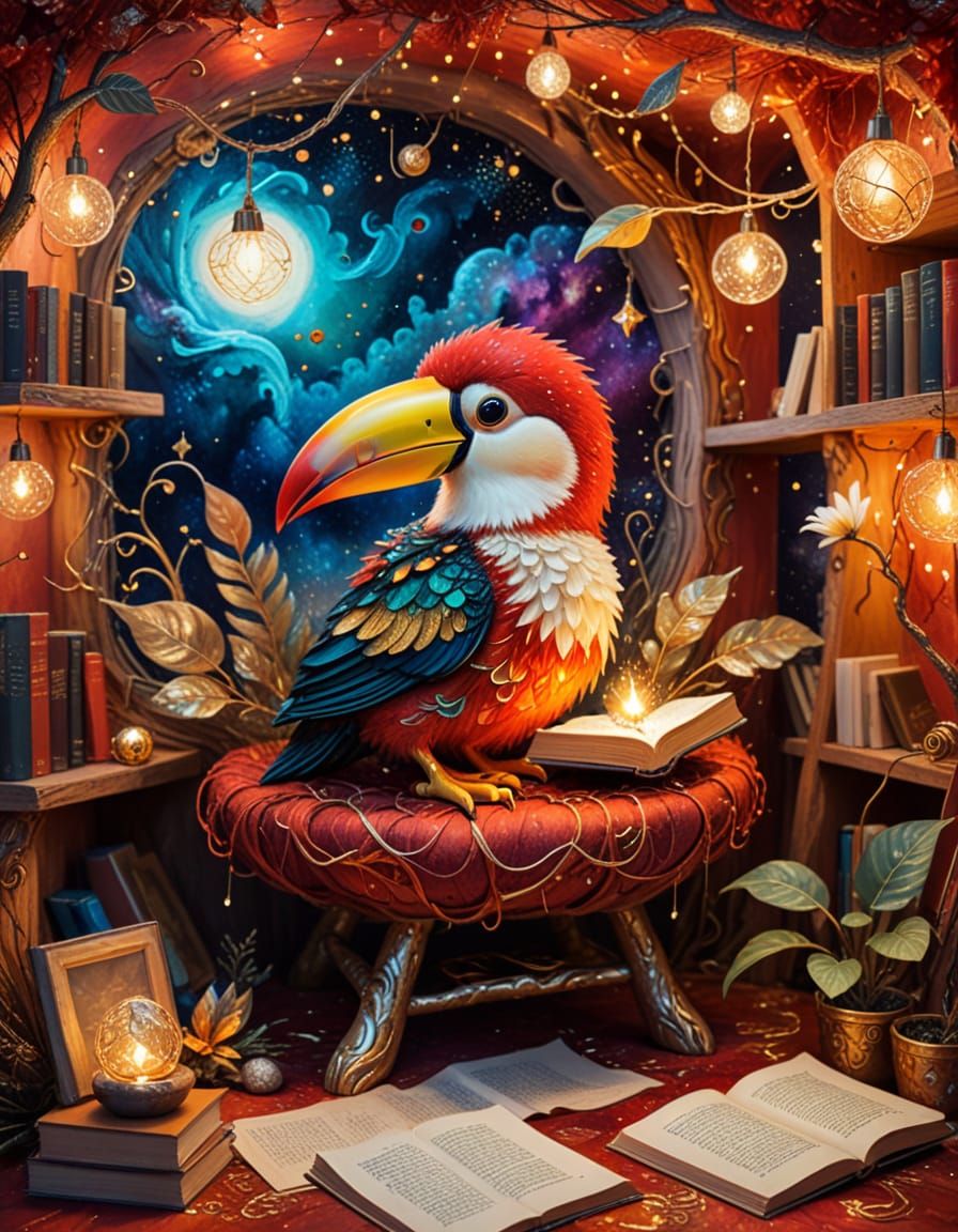 Surreal Reading Nook with Space Toucan