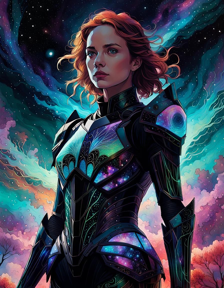 Dichroic Female Knight with Nebula Background