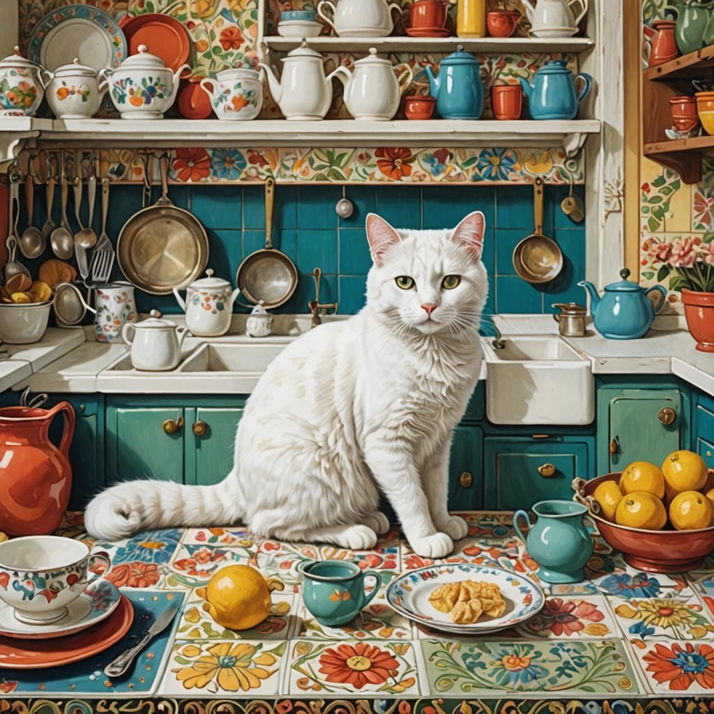 White Cat in Colorful Vintage Kitchen