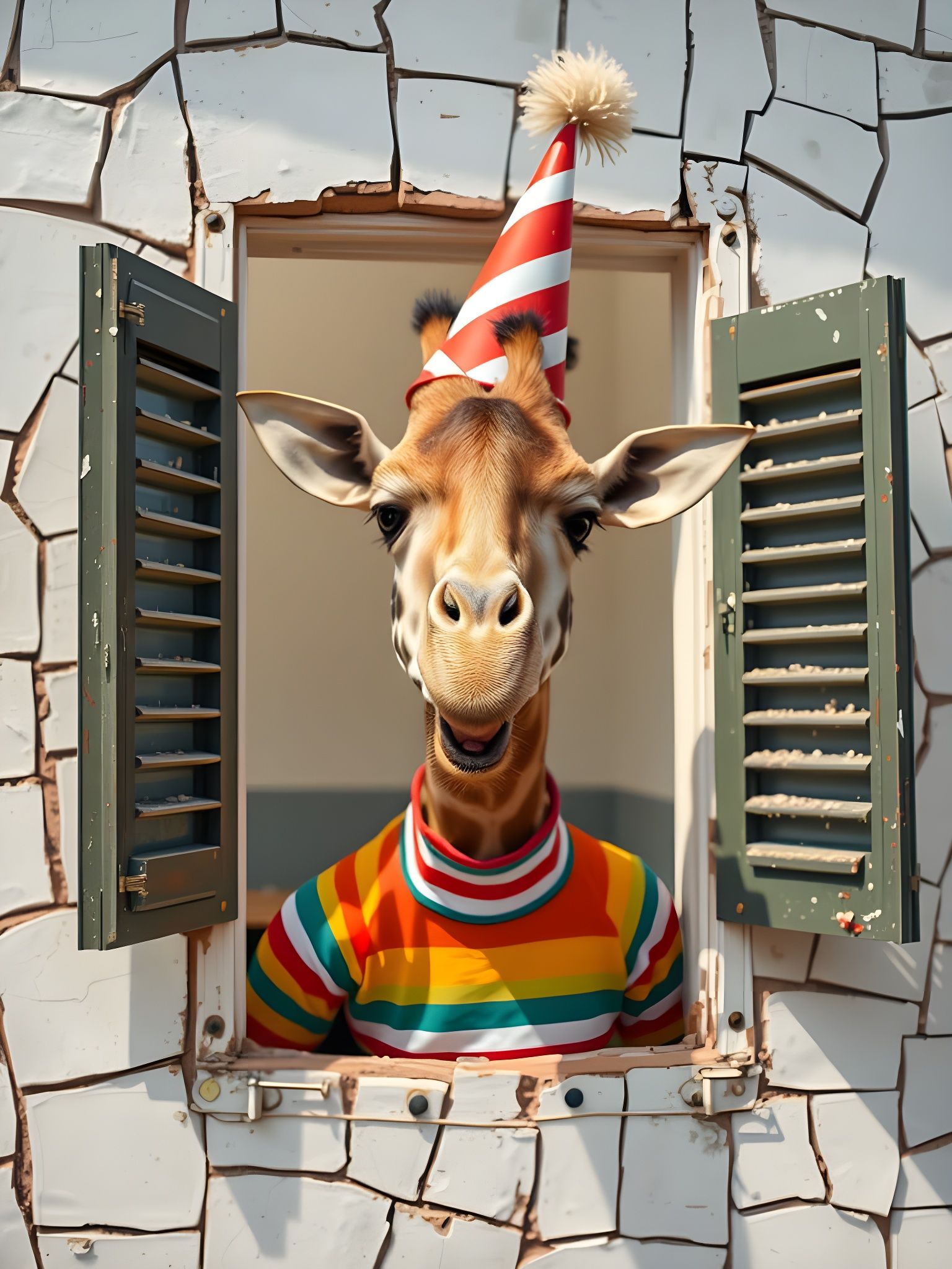 Comical Giraffe Character Emerges through Cracked Wall in Wh...