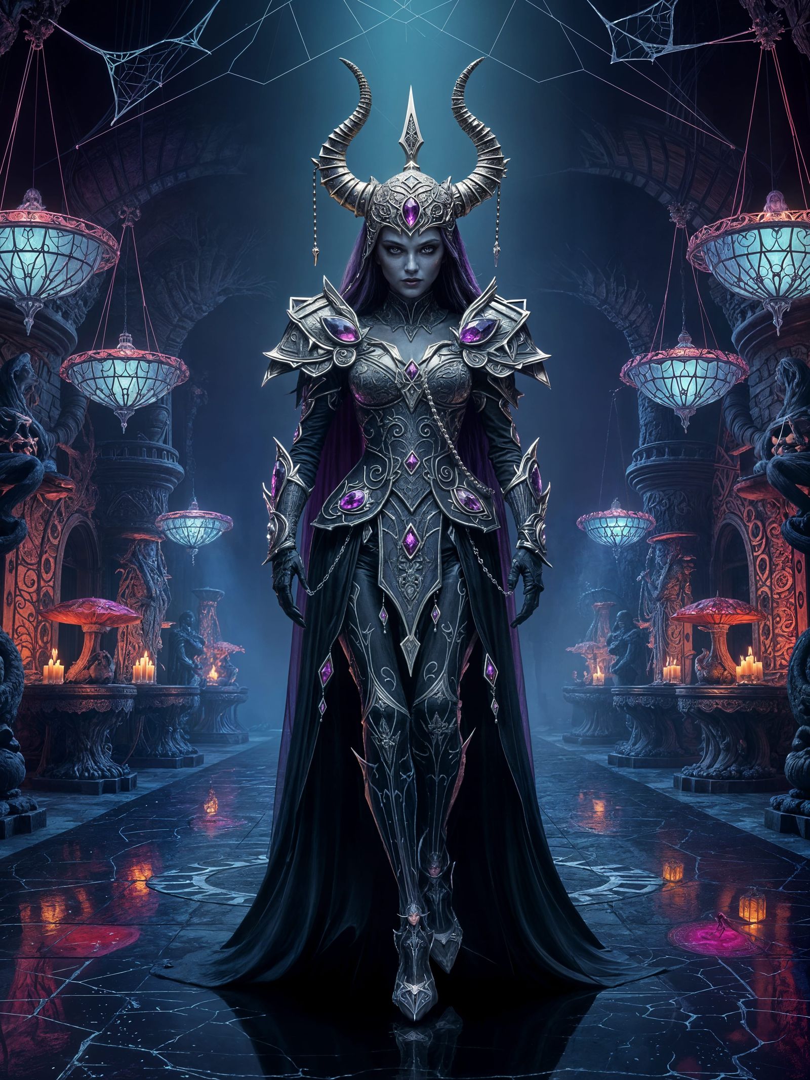 Regal Drow Cleric Strides Down Obsidian Runway