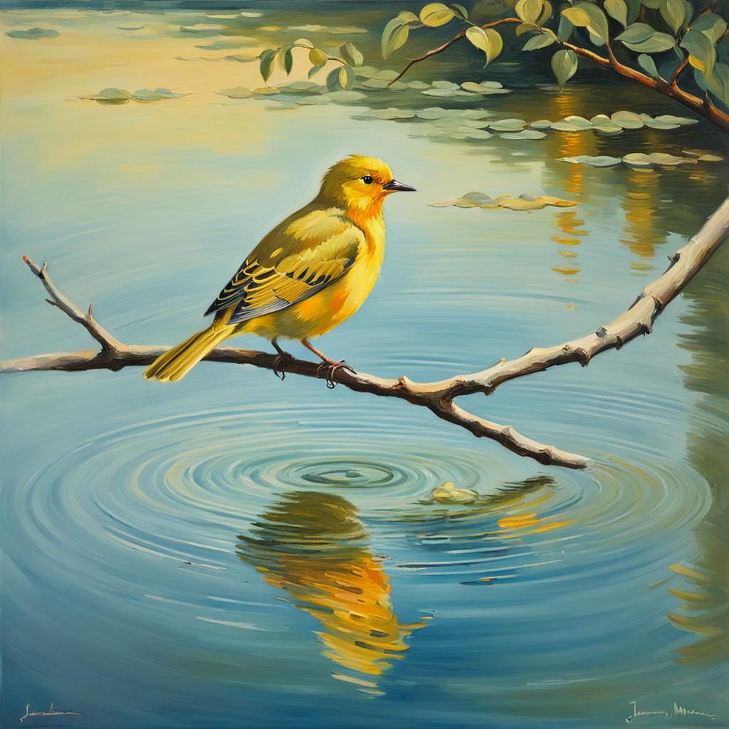 Romantic Oil Painting: Yellow Bird at Sunset