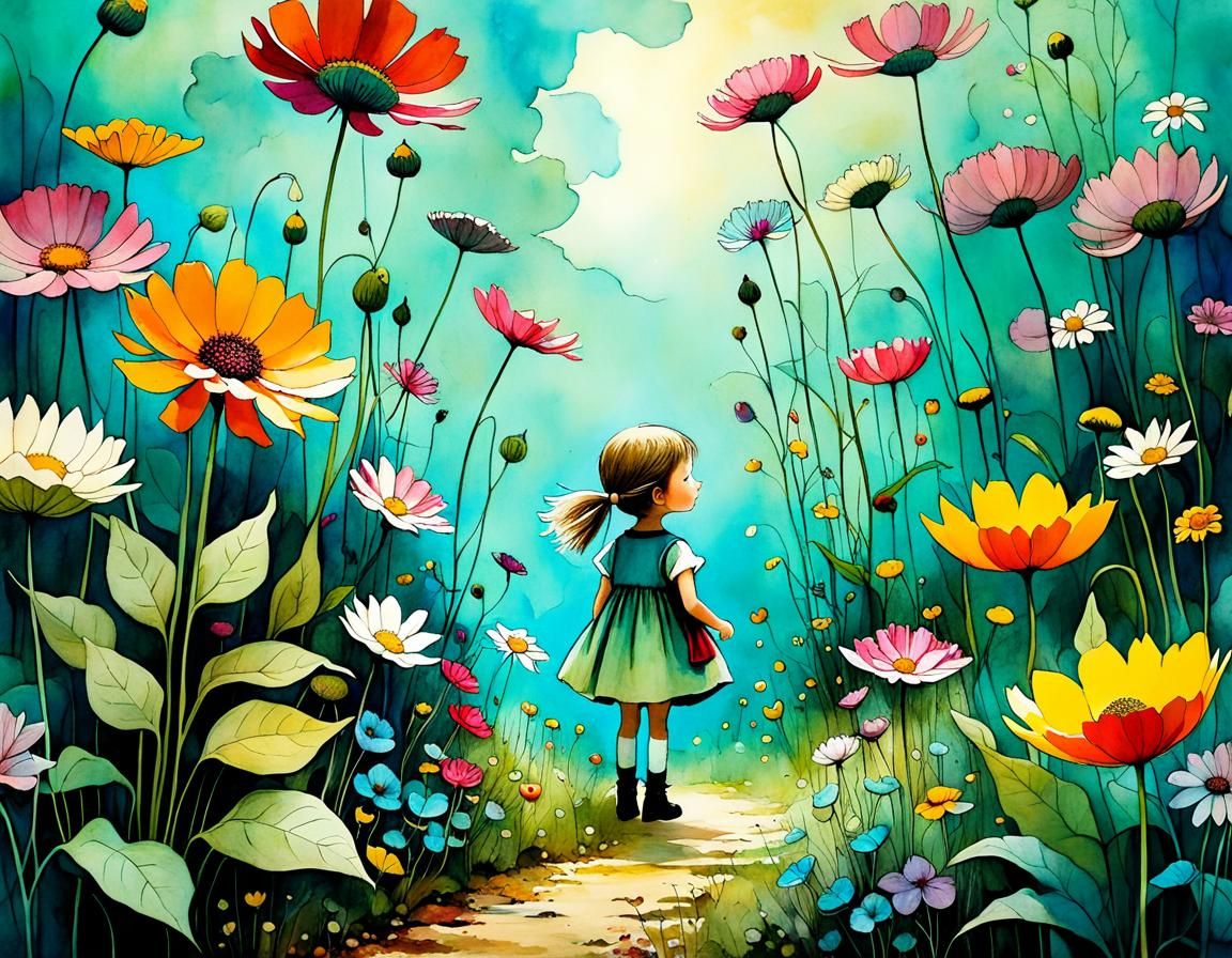 Children in a Magical Garden of Giant Flowers
