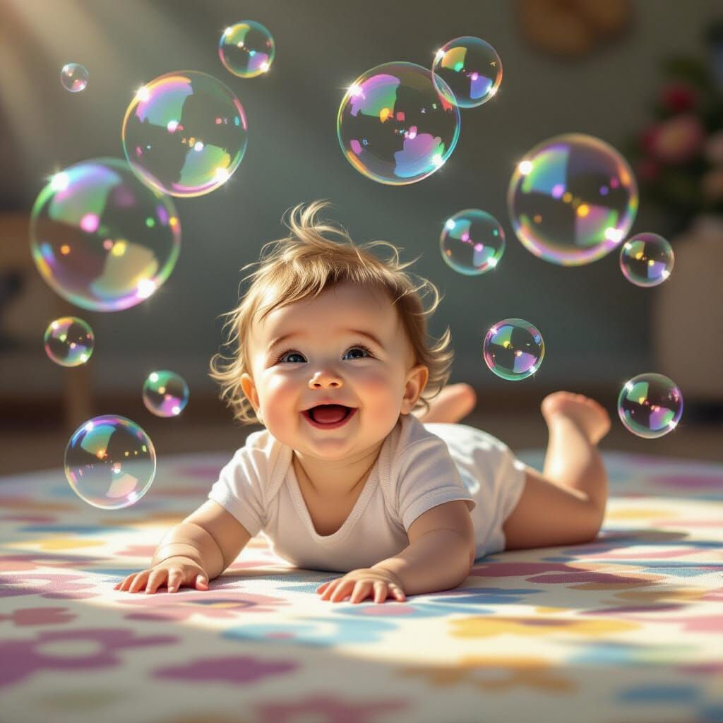 Joyful Baby's Reflection in Floating Soap Bubbles