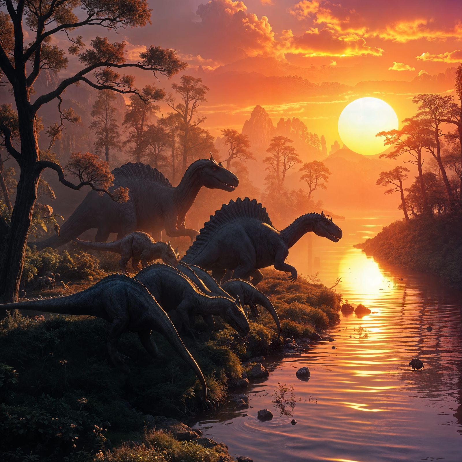 Serene Dinosaur Landscape in Regal, Dreamlike Hue