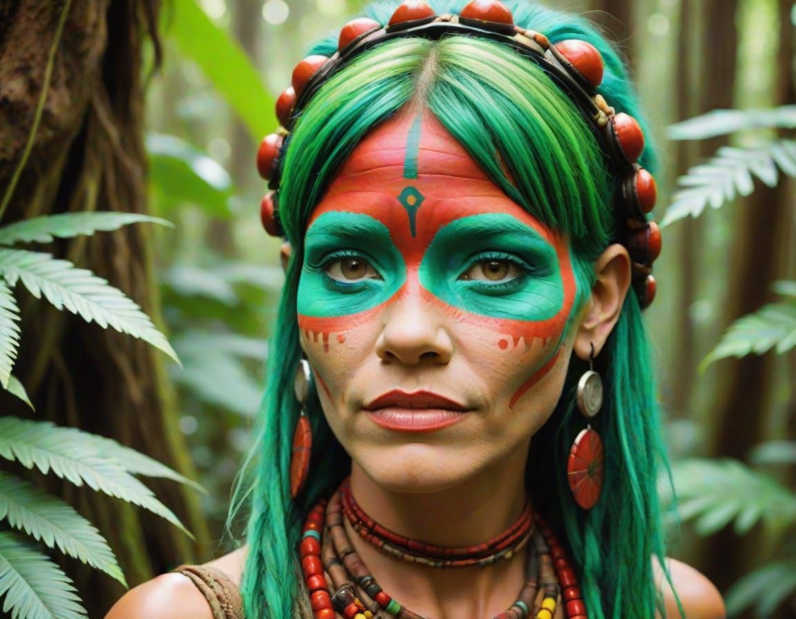 Green-Haired Martian in Rainforest Disguise as Indigenous Wo...