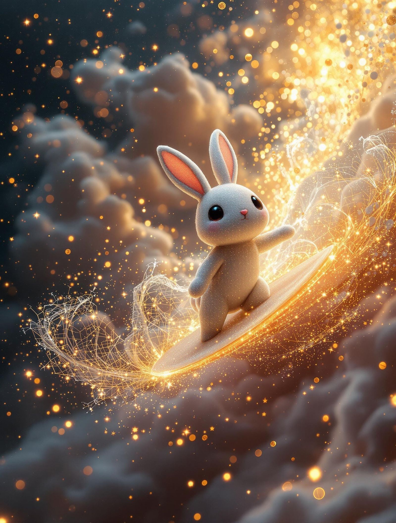 Worm's eye view of a kawaii bunny surfer made from intricate fluttering silver filaments, gliding gracefully along the l...