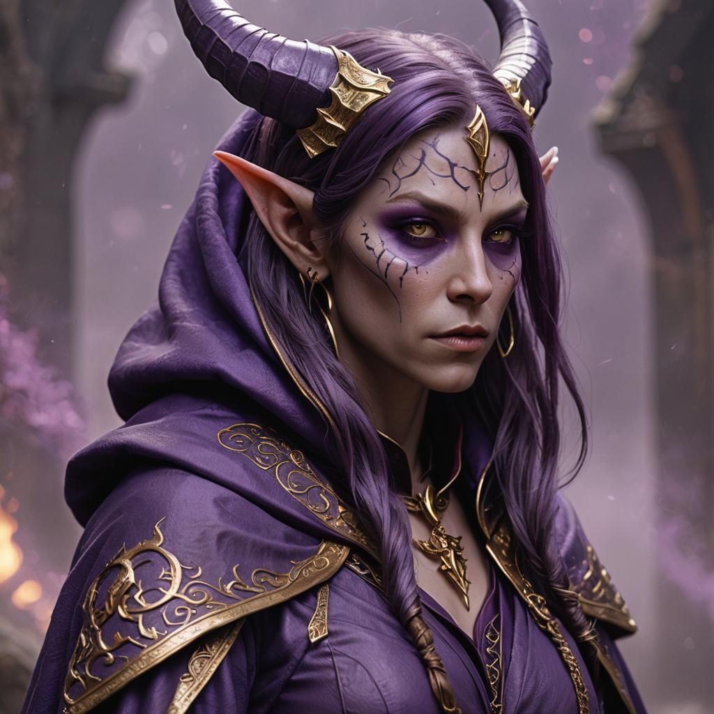 Tiefling Sorceress with Purple Cloak, Photorealistic Renderi...