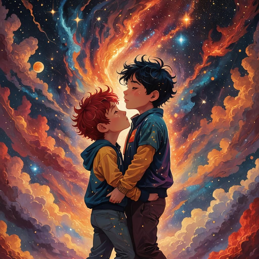 Two Boys Kiss Under a Cosmic Sky