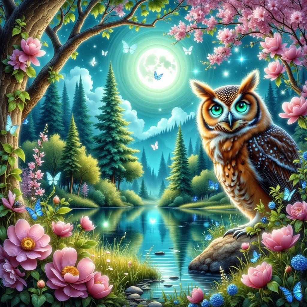 Surreal Cosmic Brown Owl in Luminous Garden