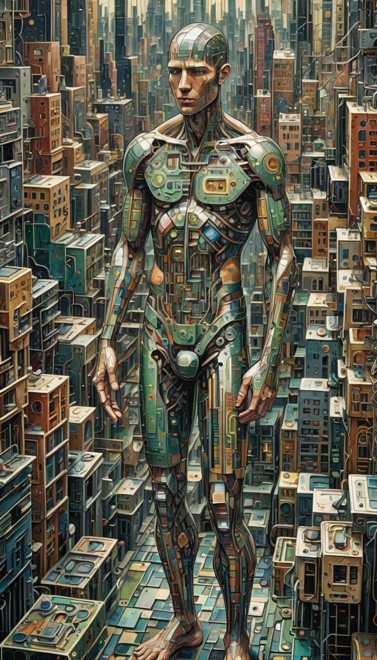 Circuit Board Cityscape with Cubist Figure
