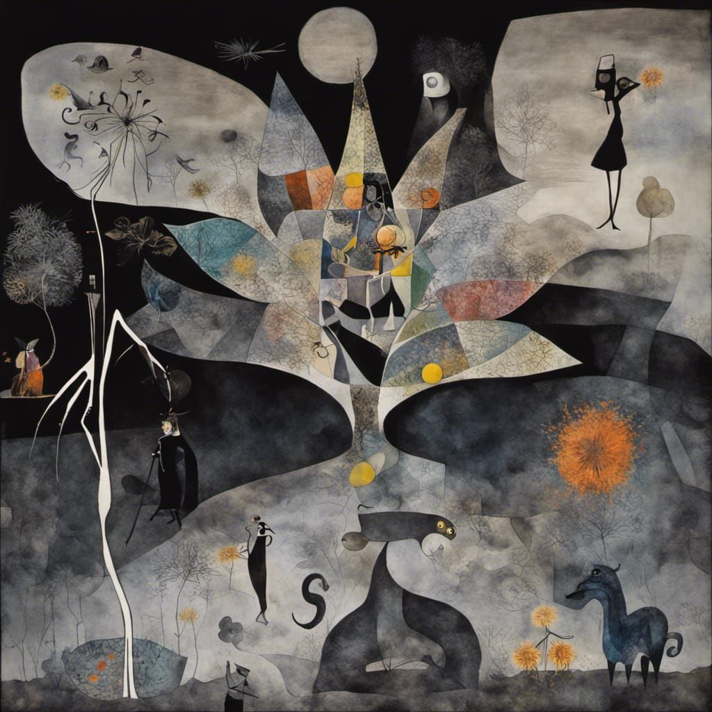 Surreal Dreamscape with Witches, Skeletons, and Cat