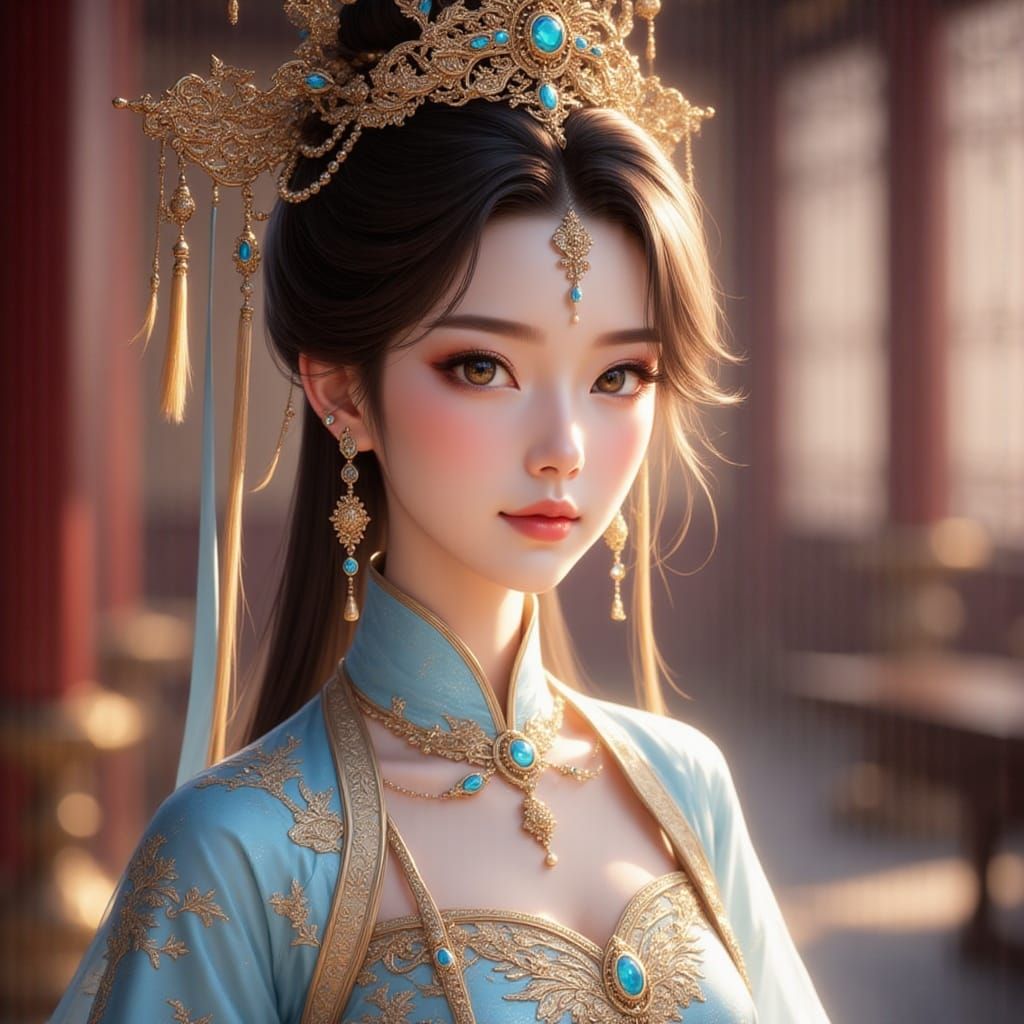 An Eastern girl, with exquisite makeup and colorful ornaments on her forehead. She wears a magnificent Chinese court dre...