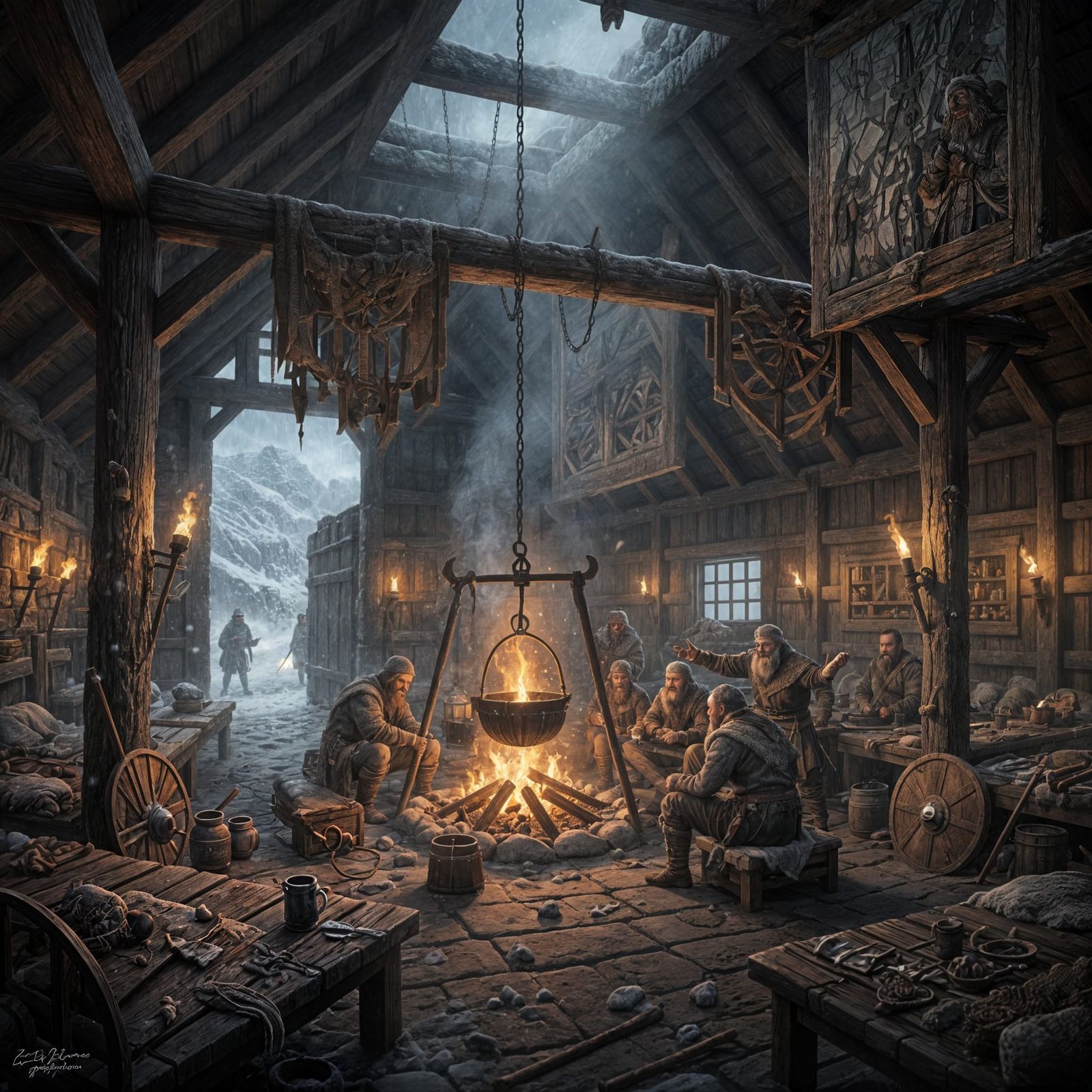 Viking Longhouse Interior in Winter Snowstorm, 8K