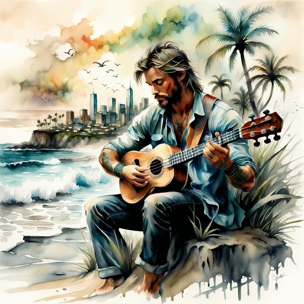 Man Playing Ukulele on Overgrown Beach City