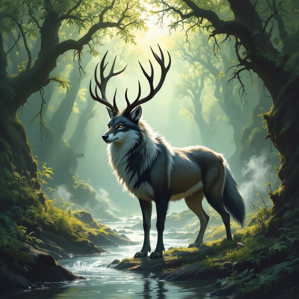 Mythical Wolf-Deer Chimera in Enchanted Forest