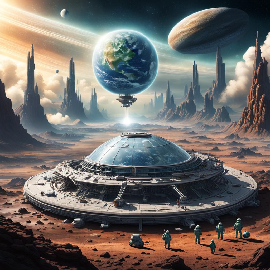 Humans and Aliens Repairing Orbital Mirror Array