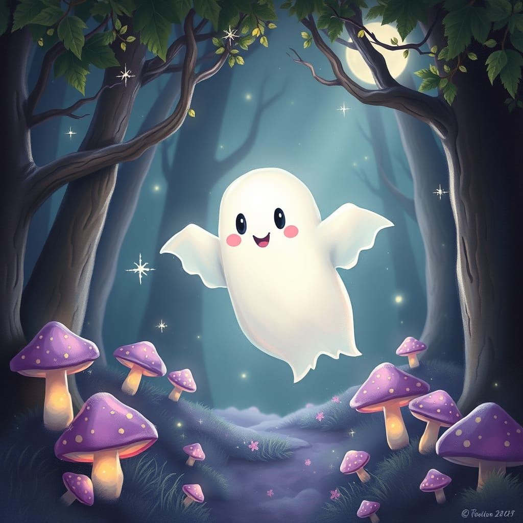 Adorable Ghost in Enchanted Forest, Surreal Halloween Scene